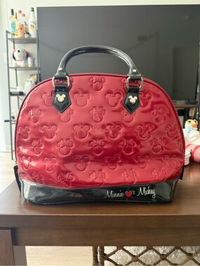 Loungefly Red Patent Minnie & Mickey Dome Satchel with Black Trim